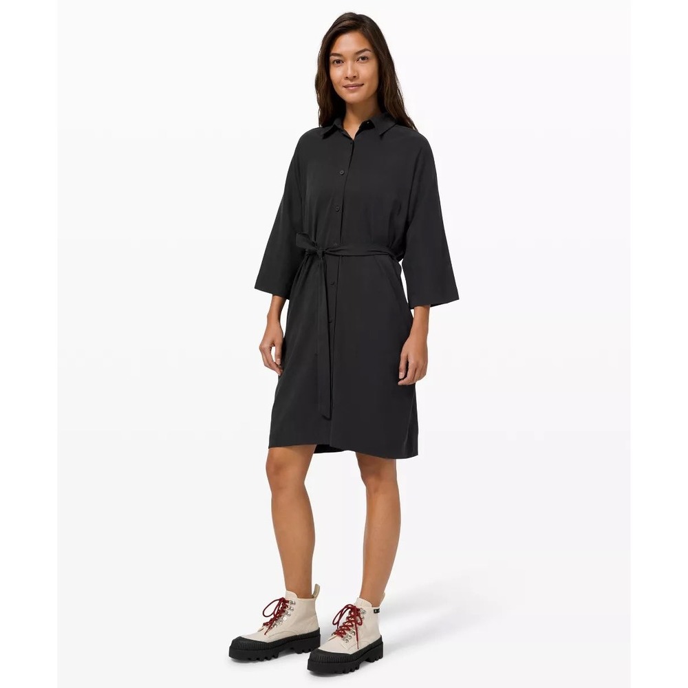 Lululemon Perfectly Poised Shirt Dress Black Size 10 Pockets Relaxed Lounge Yoga